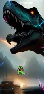 Epic dinosaur with neon lights and mountains in a futuristic wallpaper.