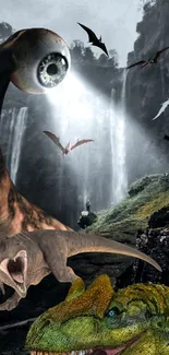 Fantasy art with dinosaurs and eye creatures in a waterfall setting.