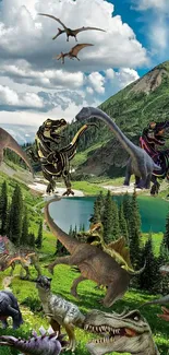 Dinosaurs roam in lush green valley with mountains.