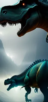 Epic dinosaur scene in a mountain landscape wallpaper.