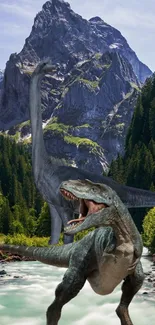 Dinosaurs roam a lush mountain landscape in this mobile wallpaper.