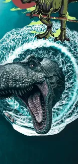 A dinosaur erupts from ocean waves in a thrilling digital phone wallpaper.