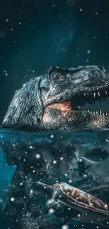 Epic dinosaur emerging from ocean with vivid teal hues.