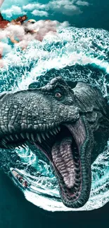 Dinosaur emerges dramatically from ocean waves in a thrilling mobile wallpaper.