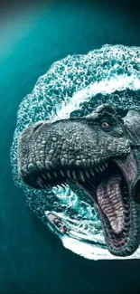 A giant dinosaur bursting from ocean waves.