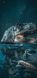 Epic dinosaur head emerges from ocean waters at night.