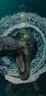 Massive dinosaur emerging from ocean waves with a boat swirling nearby.