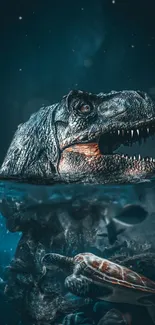 Epic underwater dinosaur scene with T-Rex and marine life.