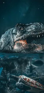 Epic underwater scene with dinosaur and marine life, perfect for phone wallpapers.