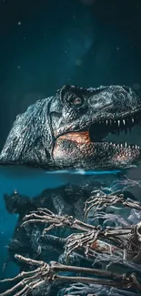 Epic underwater view of a dinosaur with surrounding skeletons, creating a fantasy theme.