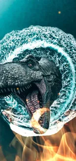 Epic dinosaur bursting through water with fire, teal background.