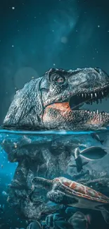 Dinosaur head emerging from ocean water with turtle.