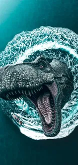 Epic dinosaur emerges through a dramatic ocean wave on mobile wallpaper.