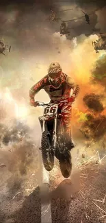 Intense dirt bike scene with explosions and helicopters.