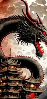 Epic dragon wrapping around a temple with vibrant colors.