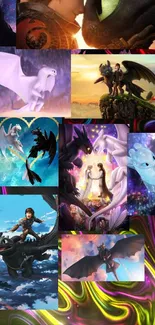 Vibrant dragon collage mobile wallpaper with animated characters and stunning colors.