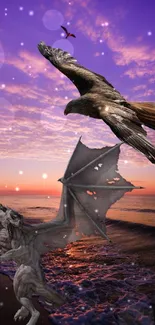 Fantasy wallpaper with dragon and eagle at sunset over the ocean.