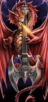 Red dragon with electric guitar and thunderous background.