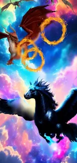 Dragon and Pegasus in a cosmic battle scene with vibrant colors.