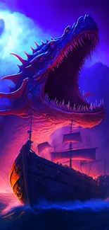 Epic scene of a dragon attacking a ship under a vibrant purple sky.