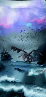 Majestic dragon flying over stormy ocean with ship.