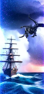 Epic scene of a dragon flying over a historic ship amidst storm clouds.