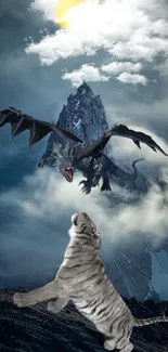 Epic depiction of a dragon confronting a tiger in a mystical mountain setting.