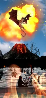 Dragon flies over erupting volcano by a lake.