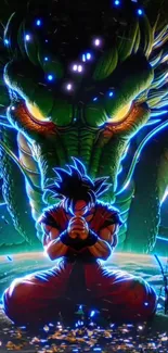 Anime warrior kneeling before dragon.