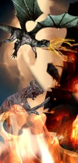 Fiery battle of dragon and wolf with smoke and fire.