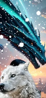 Epic wallpaper featuring a blue dragon with a wolf at sunset.