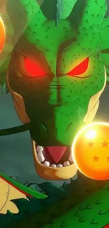 Epic green dragon with glowing eyes and orbs in anime art style.