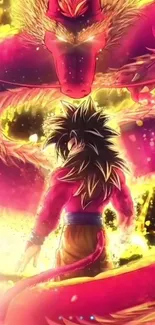 Epic anime scene featuring a warrior and dragon with vivid magenta energy.