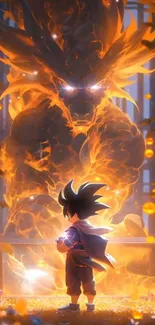 Anime scene with fiery dragon and young warrior in vivid colors.