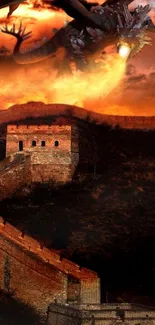 Dragon flies over Great Wall with fiery sky.