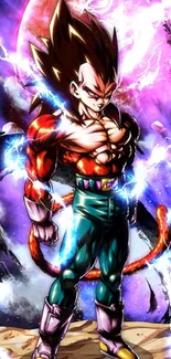 Epic Dragon Ball character with glowing aura on a dynamic background.