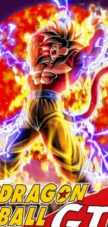 Dragon Ball GT character with fiery background and electric energy.