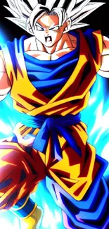 Dynamic Dragon Ball Z character with vibrant blue and orange aura.