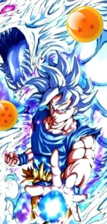 Dynamic Dragon Ball character with a blue aura power burst.