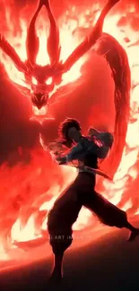 Warrior faces fiery dragon in epic battle art.