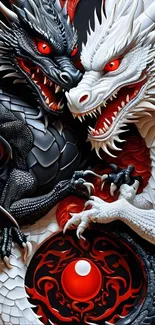 Black and white dragons in intense battle with red orb.