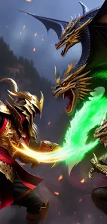 Epic battle between warriors and dragons in fantasy landscape.