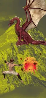 Warrior battling a dragon over mountains.