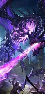 Epic dragon breathing purple flames in battle scene.