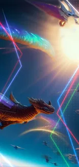 Epic dragon battle scene with colorful beams.