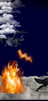 Dragon and knight battle in fiery sky wallpaper.