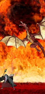 Dragon flying over fiery background with a wizard confronting it.