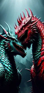 Epic battle between red and blue dragons in a fantasy setting.