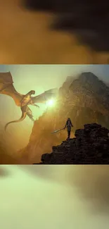 Epic battle scene with a dragon and warrior on a mountain.