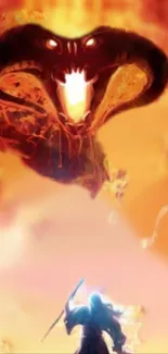 Epic clash with fiery dragon breathing flames in a fantasy scene.